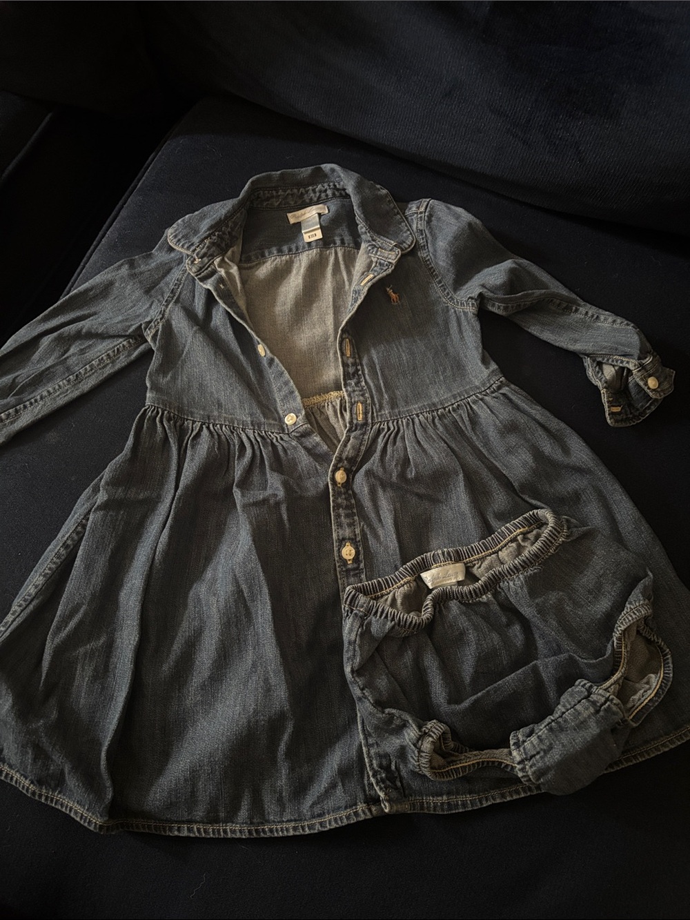 Polo by Ralph Lauren Girls' Dark Wash Denim Shirt Dress with Bloomers